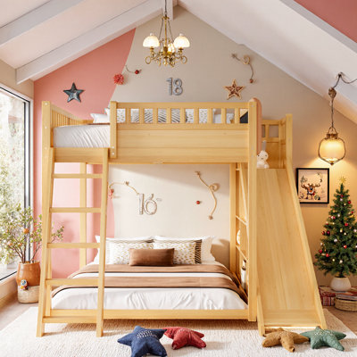 Full Size Loft Bed With Upholstered Headboard, Storage Shelves, Ladder And Slide