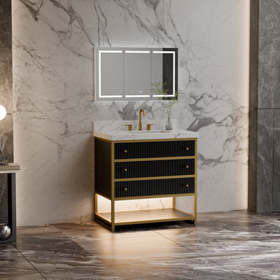 Meuble-lavabo autoportant noir 36 po avec lumière DEL, plateau en marbre de culture, tiroirs cannelés et quincaillerie dorée