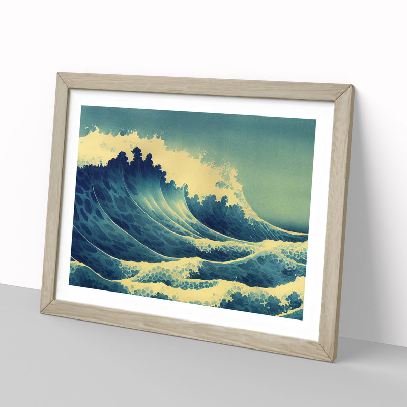 Watercolour Japanese Wave - Single Picture Frame Print, 46cm H x 64cm W x 2cm D, Oak