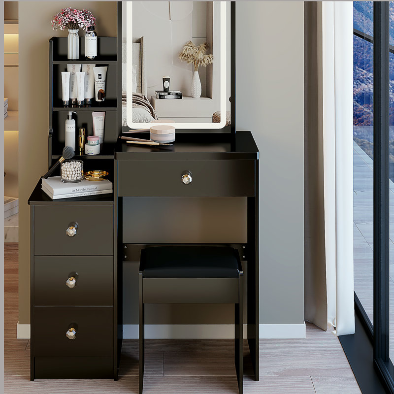 Petite coiffeuse 29,2 po avec tabouret de chevet gauche + grand tabouret rembourré, commande tactile, interrupteur tricolore, miroir à luminosité réglable, rangement grande capacité, convient aux petits espaces