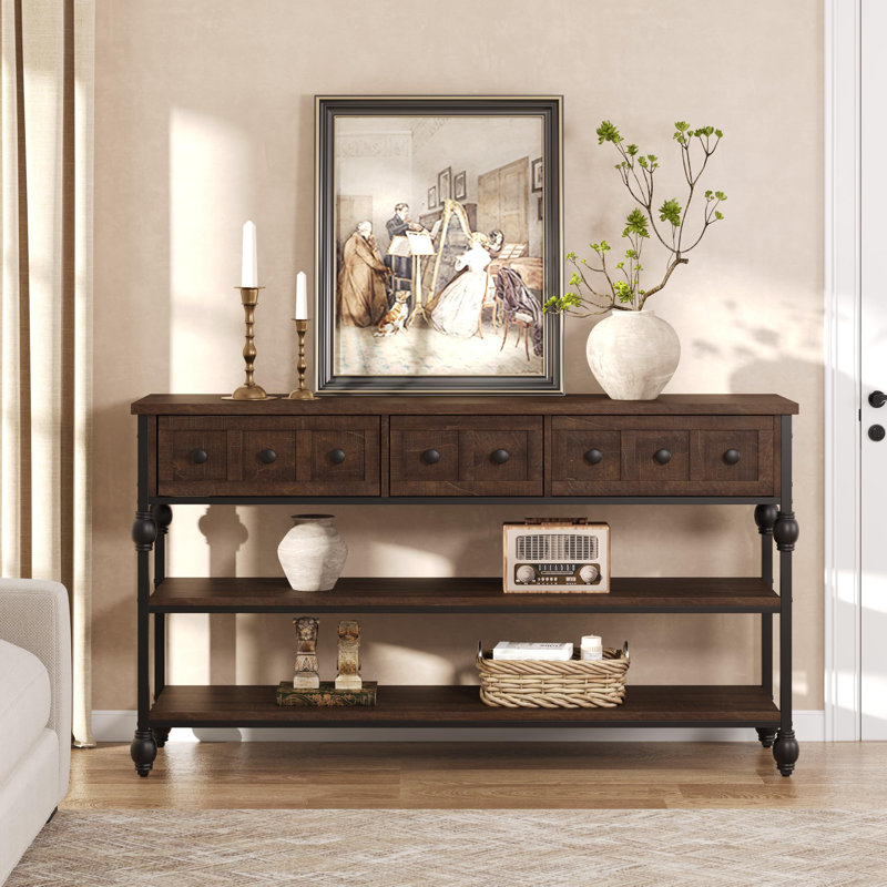 Console d'entrée de style colonne romaine en bois de PB rouge-brun avec plusieurs tiroirs de rangement, idéale pour un hall d'entrée, un salon, une salle à manger, un couloir, un appartement, un bureau ou un décor intérieur classique.