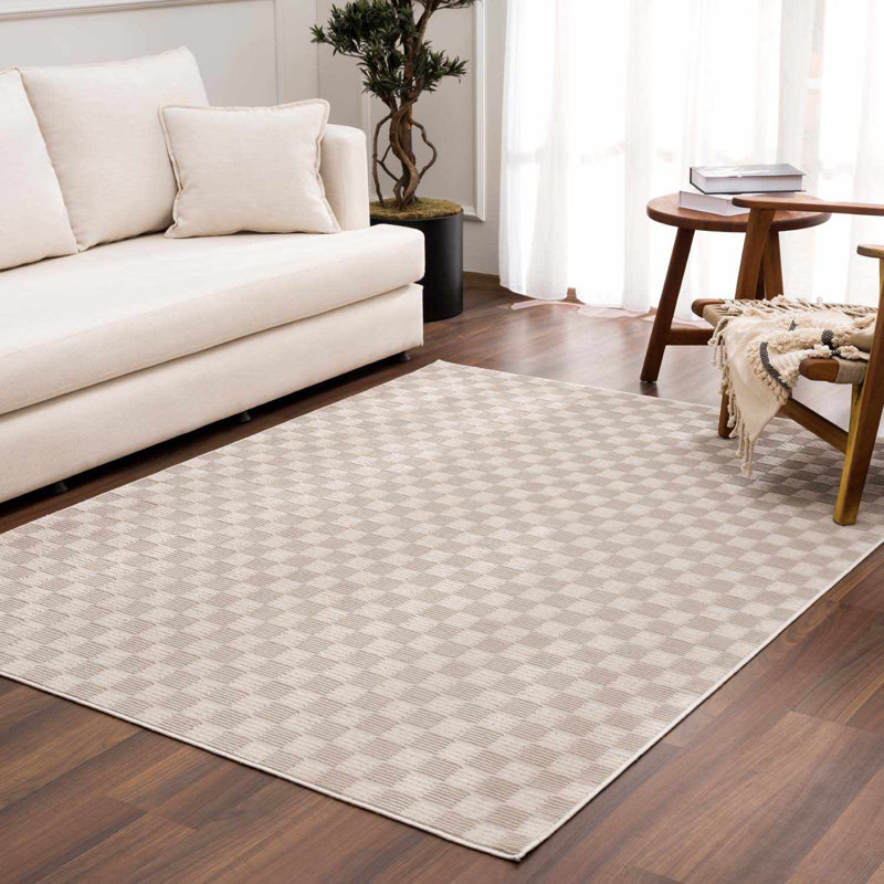 Kwan Machine Washable Modern Geometric Beige Area Rug, Rectangle 6'7" x 9'