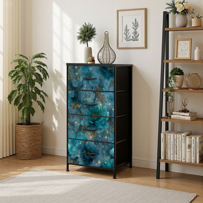 4 Drawer Vertical Storage Dresser Luxury Botanical Floral with Wood Top Fabric Pull Drawers