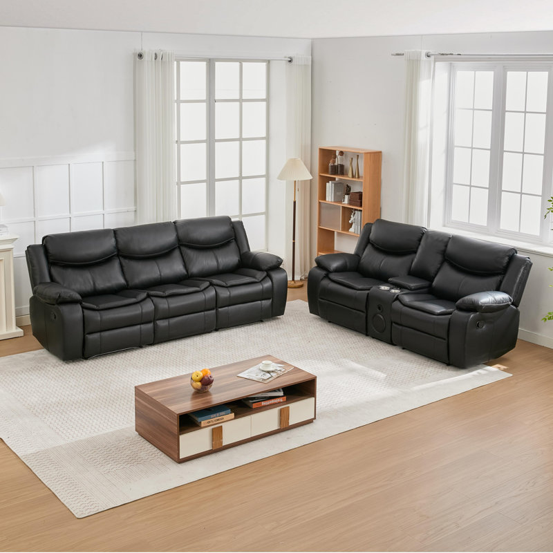  Ensemble de salon en cuir PU 2 pièces avec porte-gobelet et haut-parleur Bluetooth Adwin, Noir