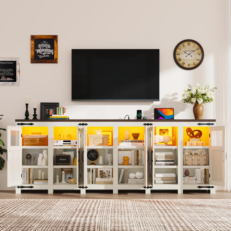 95.3” LED Farmhouse TV Stand For Tvs Up To 85" With Power Outlets And Adjustable Shelves, White/Brown