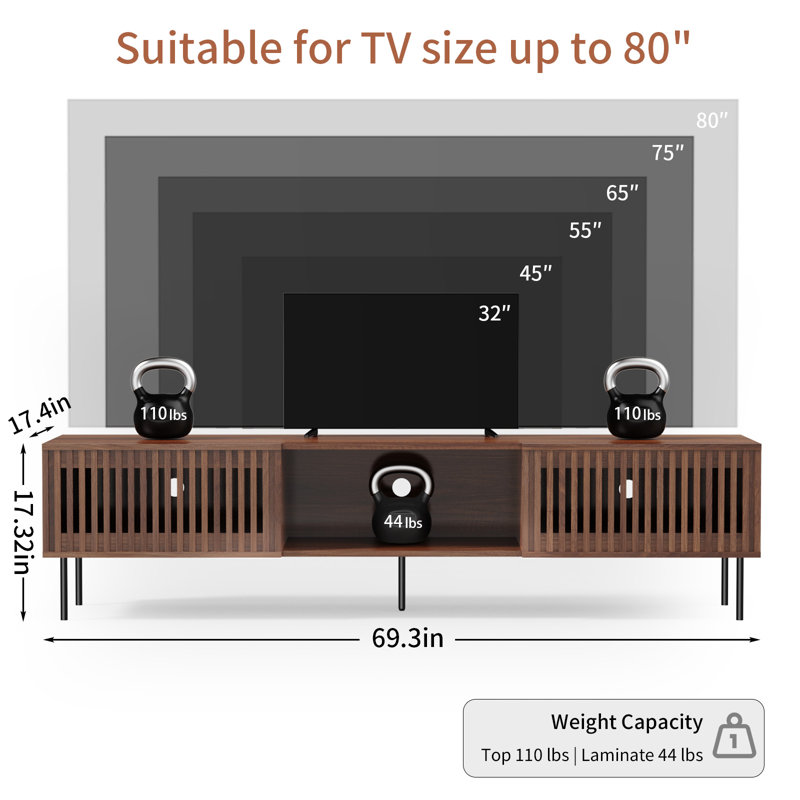 69.3'' W TV Stand Fits TV’S Up To 80 In. With 2 Slat Doors