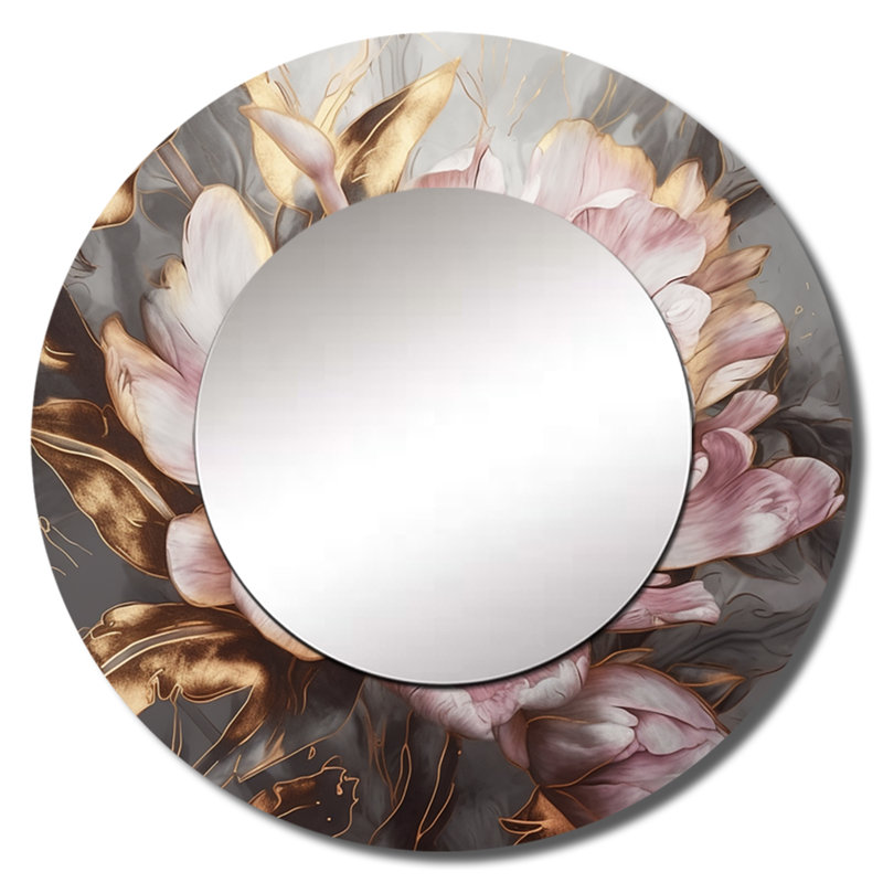 Quesean rose or pivoines pétales - miroir décoratif pivoines, miroir mural rond rose, art imprimé en métal, 29 po x 29 po