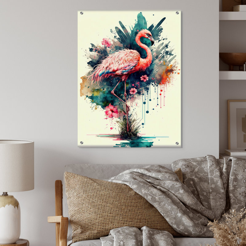 Art floral mignon flamants roses III - flamant rose, art mural, H 40 po x l 30 po