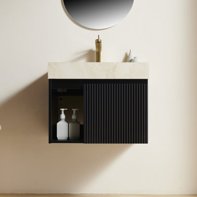 EIDEN 24' Bathroom Vanity&Sink, Floating Storage Cabinet, Cream Gold Vein Sintered Stone Top&Ceramic Basin with 8'' widspread 3 Hole,Disassembled, NO Faucet and Drain Set, Black Color