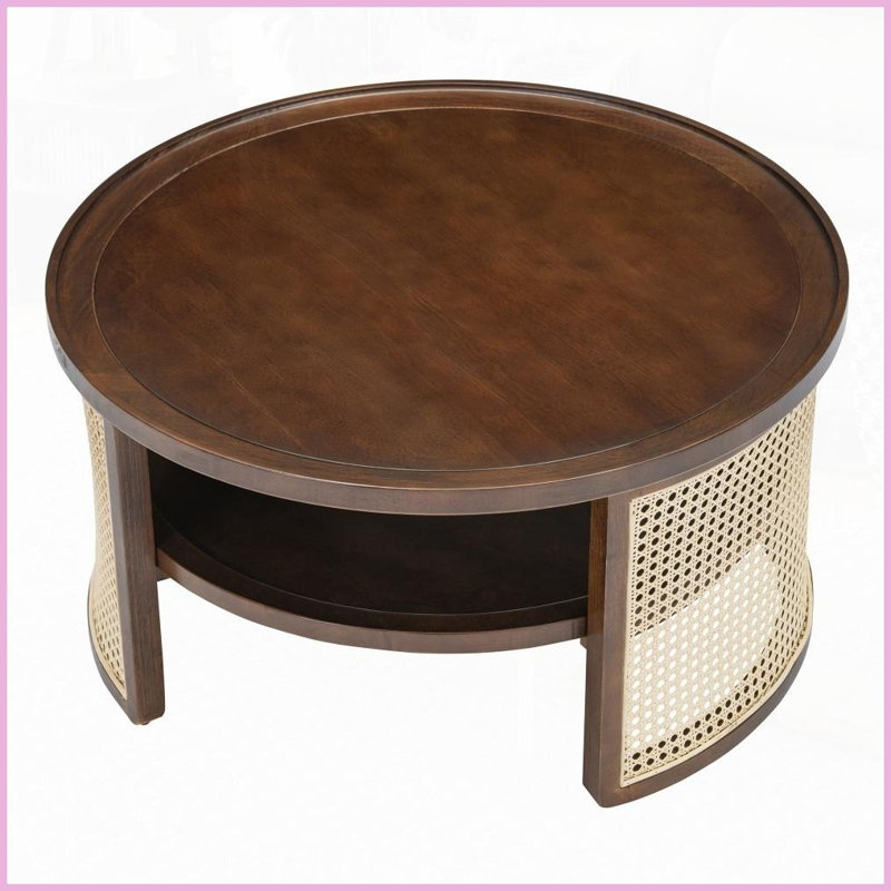 Table basse ronde en bois de noyer à 2 niveaux avec base en rotin, bord arrondi et amp; Grand rangement pour le salon