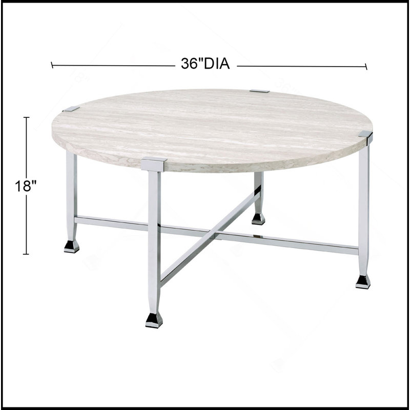 Round Coffee Table With Metal Frame Leg, White Oak And Chrome