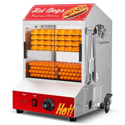 Machine à vapeur pour hot-dogs, 28,5 qt / 27l, cuiseur à vapeur électrique à 2 niveaux avec chauffe-pain, température réglable, cuiseur à vapeur pour hot-dogs avec porte coulissante en verre visible