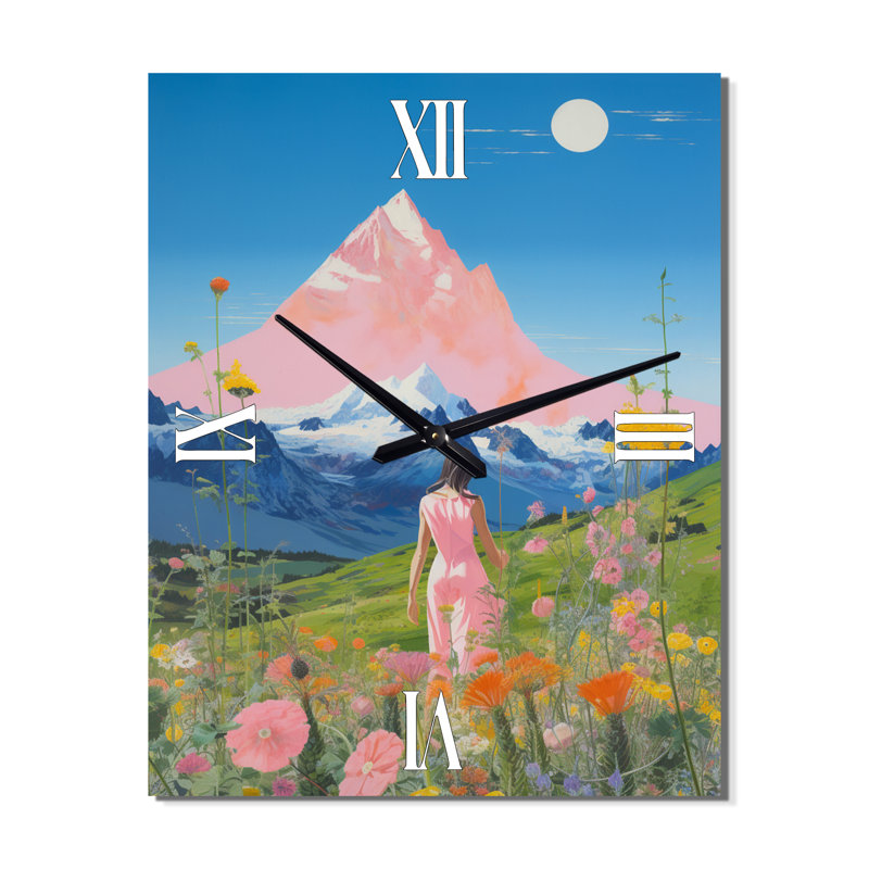 «Woman By Mountain Flowerfield», peinture - Horloge murale animaux lion, Très grand
