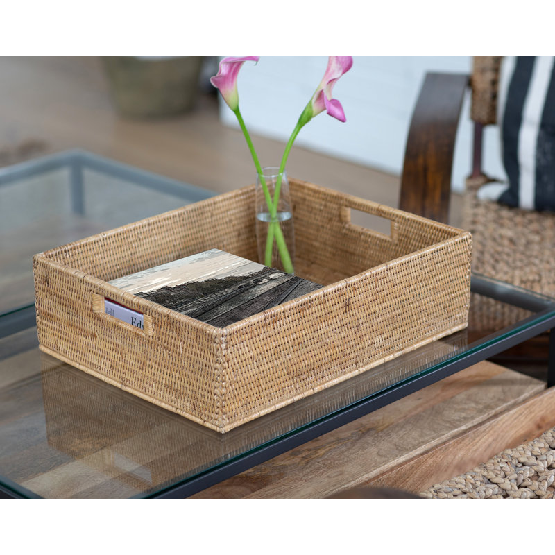 Honey Brown Rectangular Rattan Storage Basket with Cutout Handles
