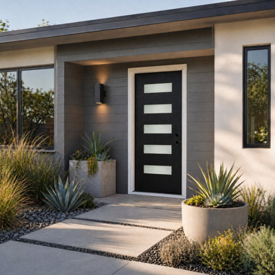 36 in. x 80 in. Prehung Fiberglass Modern Entry Door with 5-Lite Frosted Glass and Brickmould，Black Finish