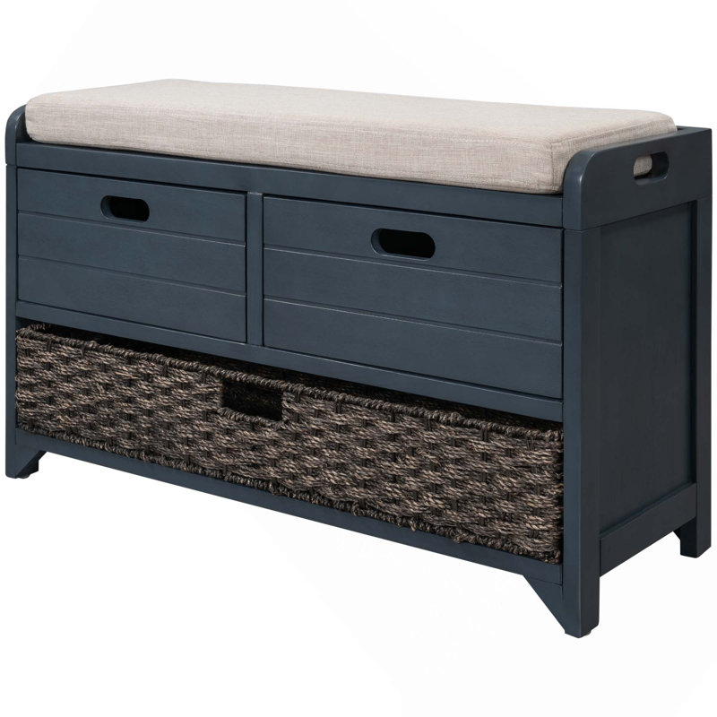 Banc de rangement avec coussin amovible, 2 tiroirs et panier amovible pour un rangement et des sièges polyvalents, Marine