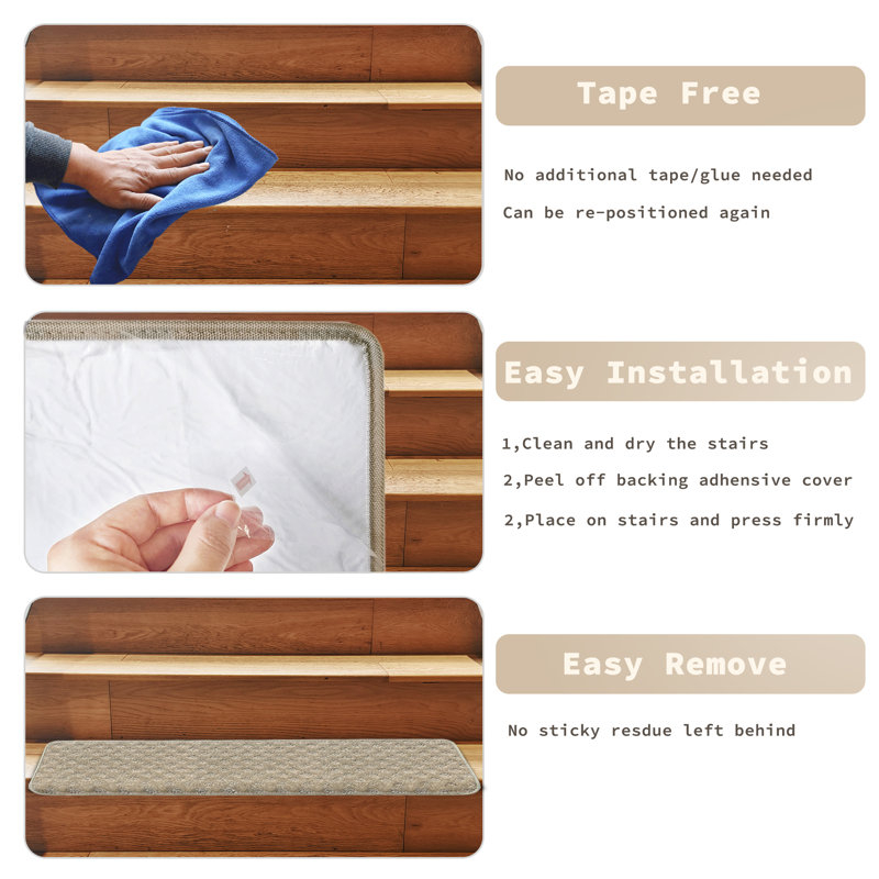Geometric Bullnosed Non Slip Stair Treads Set With Landing Mat, Cream Grey Diamond Trellis