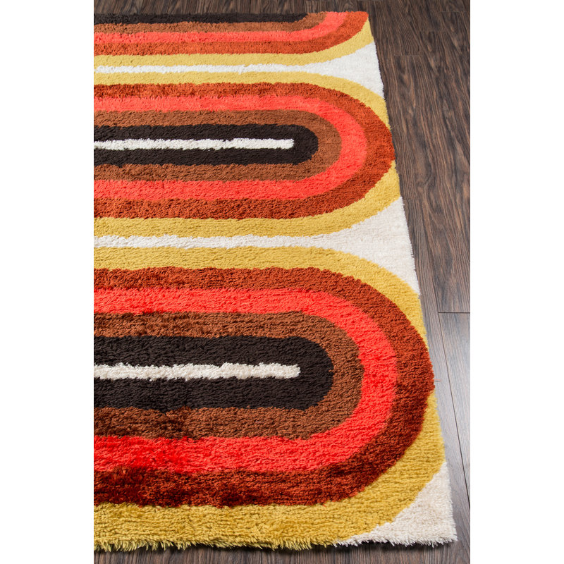 Retro Red and Yellow Hand-Tufted Shag Runner Rug