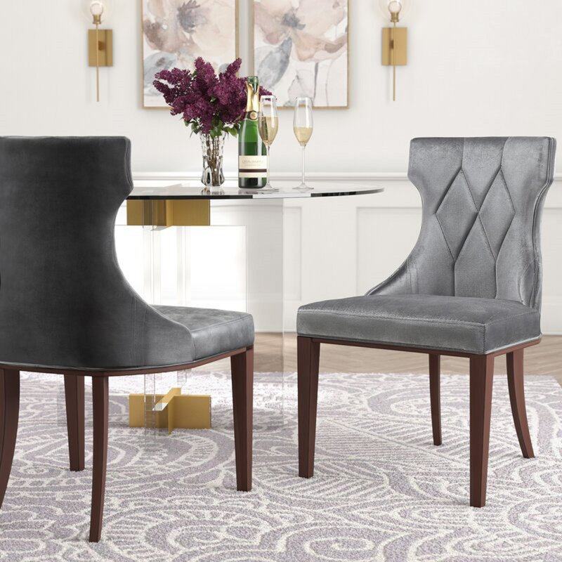 Reine Traditional Velvet Upholstered Beech Wood Side Chair in Gray, Gray