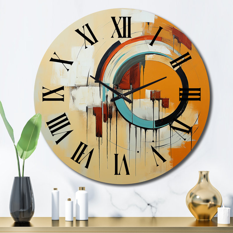 Horloge murale Mid-Century géométrique abstrait orange rétro I, Grand