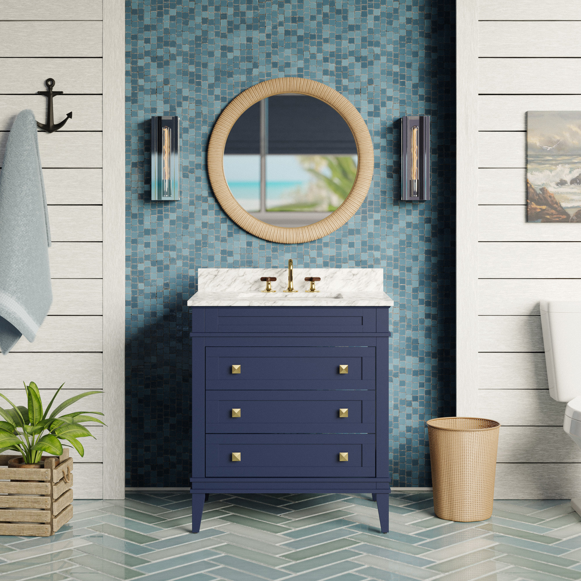 Frankfurt 30'' Single Bathroom Vanity, Royal Blue, Carrara Marble