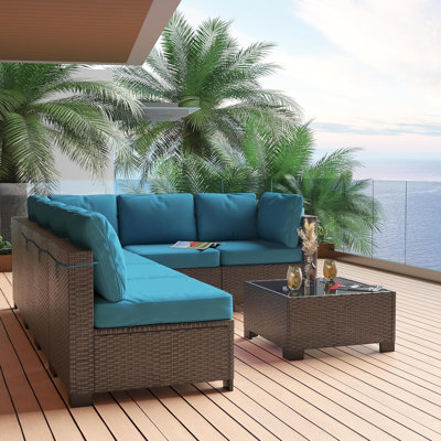 Ensemble de meubles de patio 7 pièces pour l'extérieur - Canapé modulaire en osier toutes saisons avec coussins et table basse en verre, ensemble de conversation modulaire pour jardin, balcon, bord de piscine (6 places)