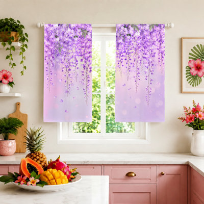 2Pcs Cascading Wisteria Curtains, Light Filtering Fabric, Romantic Floral Print, Privacy Protection, Rod Pocket Design, for Living Room Bedroom Balcony Home Decor