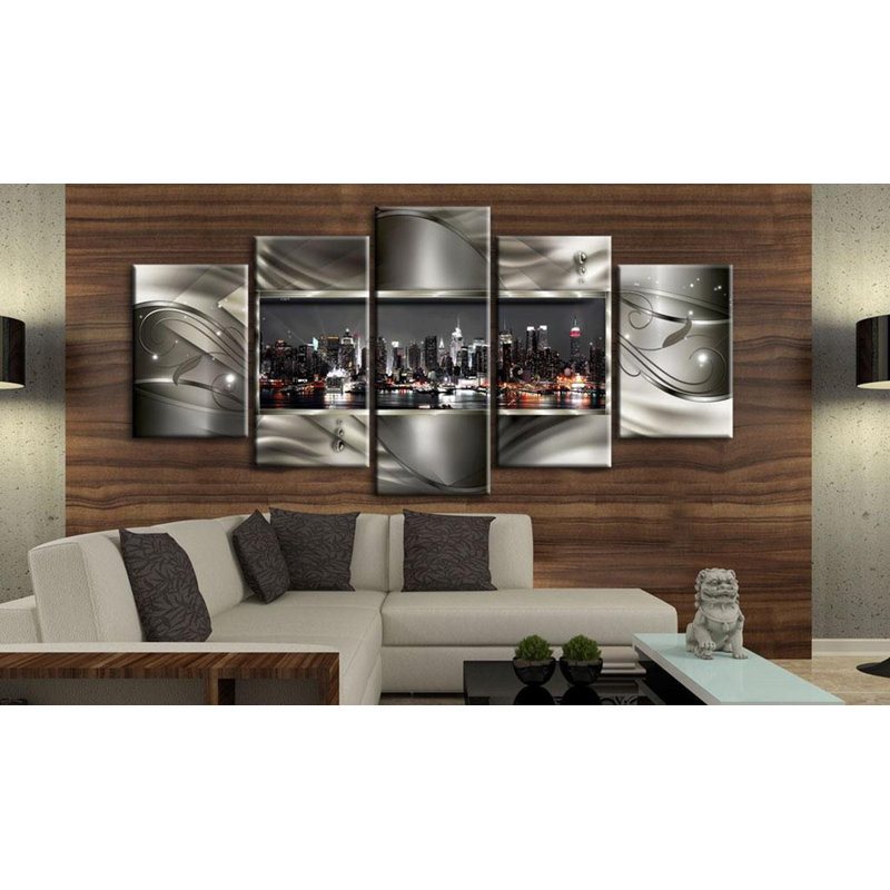 Alers Night In New York sur toile, reproduction de 5 pièces, H 40 po x l 80 po x P 0,7 po, Noir / rouge