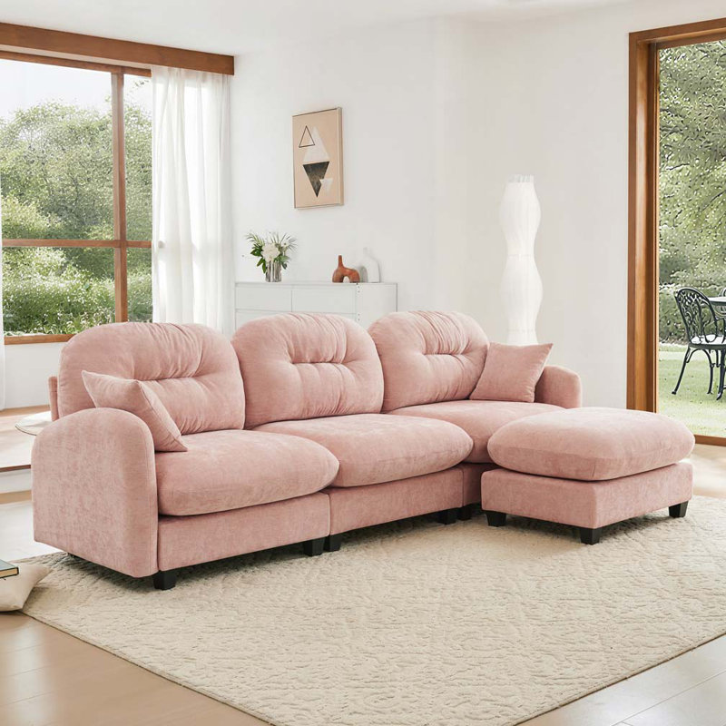 Canapé modulaire en chenille 3 places avec 2 coussins et repose-pieds, H 36,6 po x l 107 po x P 59,5 po, 3, Rose
