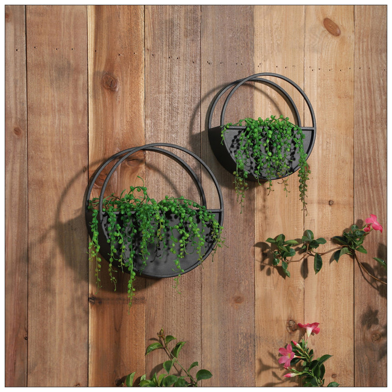 S/2 METAL 9/12" ROUND WALL PLANTERS, BLACK