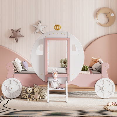 Twin Size Princess Carriage Bed, Wood Platform Bed with Crown & Stairs by House of Hampton