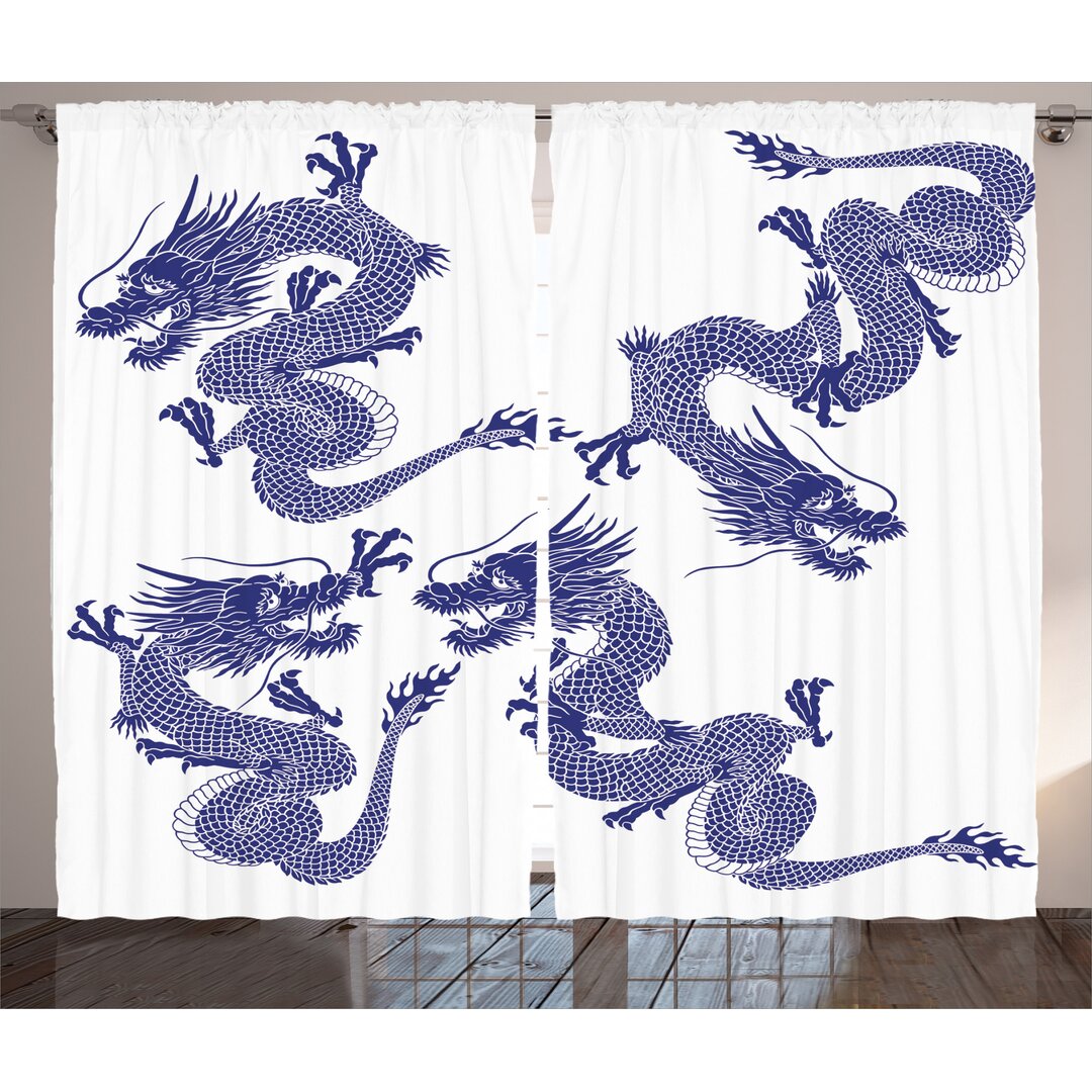 Rustikaler Vorhang, Japanische Drachen Mythische, Blau, Blau