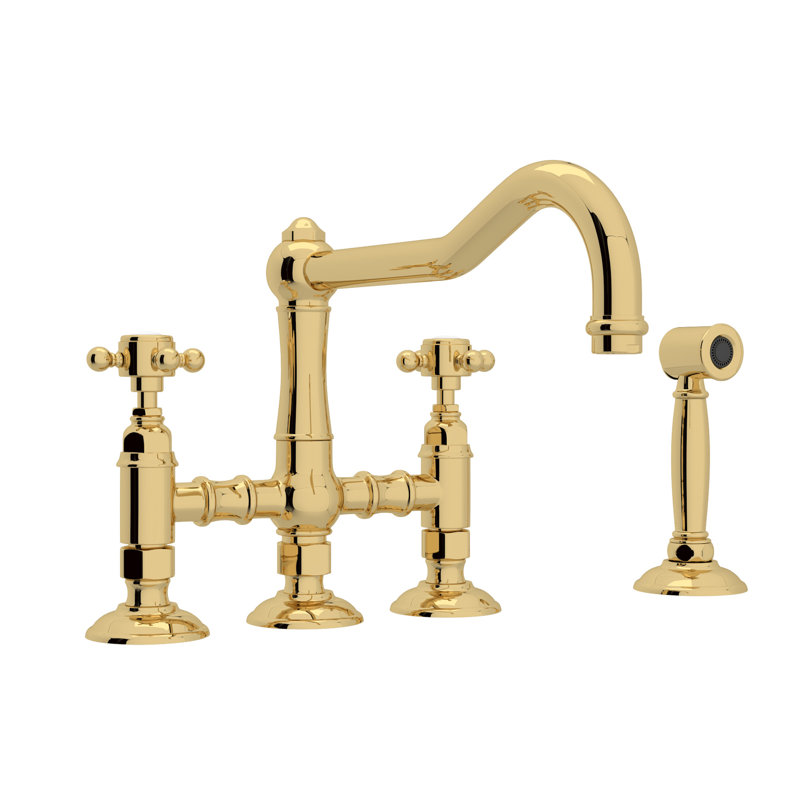 Acqui Bridge Kitchen Faucet With Side Spray, Cross Handle, Unlacquered Brass