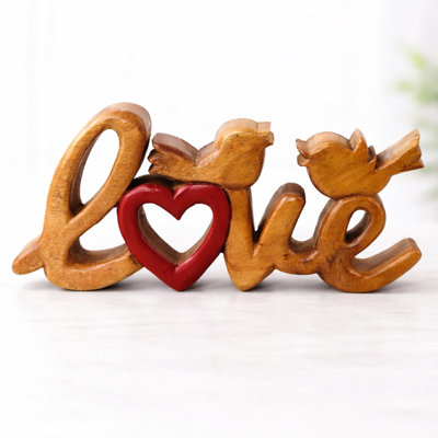 Handmade Sculpture of Love Word with Two Birds and Love Symbol Valentines Decor Wooden Art for Home Decor