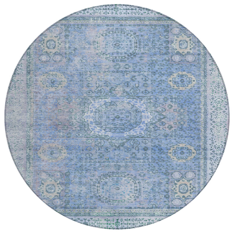 Machine Washable Indoor/Outdoor Xhevrie Blue Rug, Round 8'