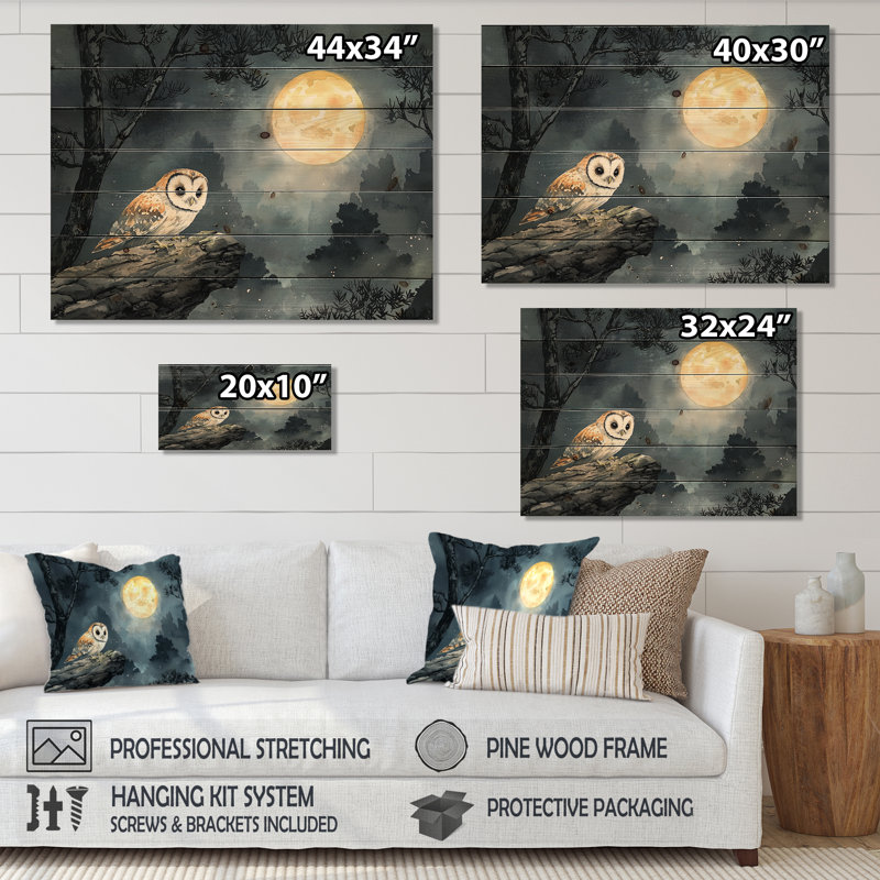 Chouette brumeuse au clair de lune - Décoration murale animal en bois de hibou - sur bois de pin naturel, H 10 po x l 20 po