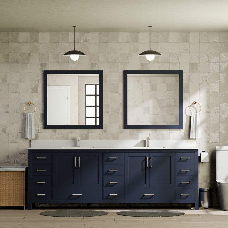 Jacques 84" Double Bathroom Vanity Set, Navy Blue, White Quartz