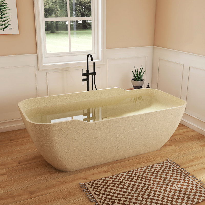 Fslefay 71'' Terrazzo Freestanding Solid Surface Concrete Soaking Bathtub, Yellow
