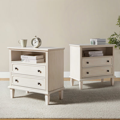 Amberlyn 28.2" W Traditional 2-Drawer End Table with Charging Station and Solid Wood Legs and Open Shelf