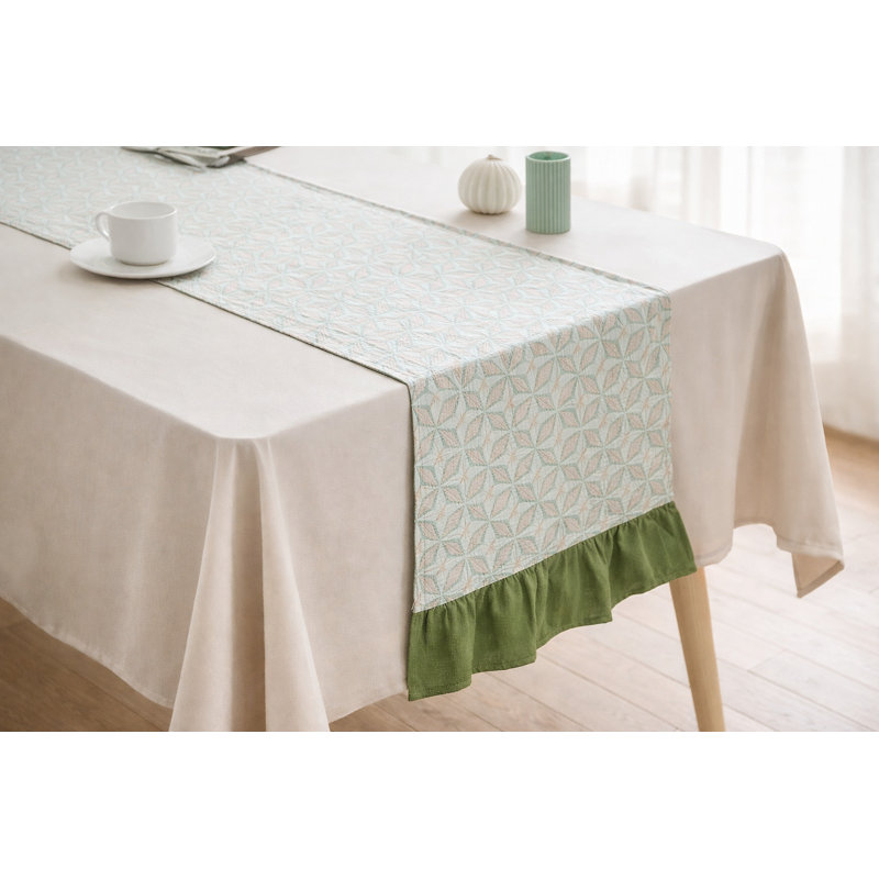 Green Pastel Geometric 100% Cotton Table Runner With Ruffles 14" X 72"