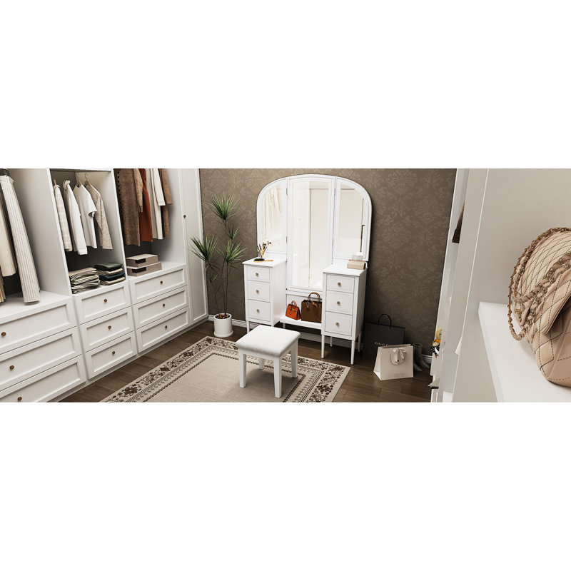 Ensemble de coiffeuse à maquillage antique blanc avec miroir triple et 6 tiroirs, ensemble de coiffeuse élégant avec tabouret pour chambre à coucher et vestiaire
