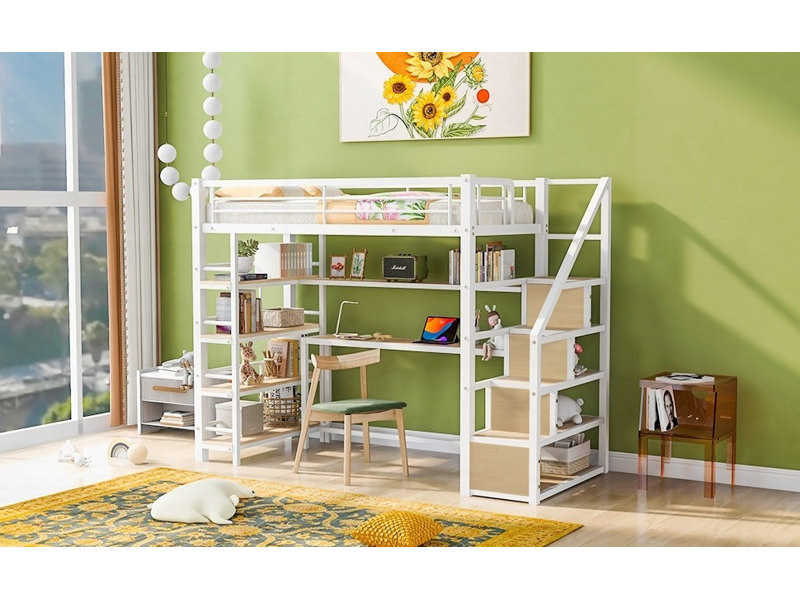 Lit mezzanine simple en métal avec escalier et amp; Bureau intégré Tablettes de rangement (aucun sommier requis, solide et stable)