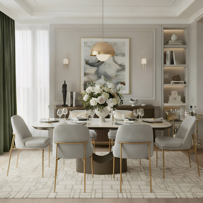 Solvane 71" Oval Dining Table with Glossy Ceramic Top and Golden Veneer Base