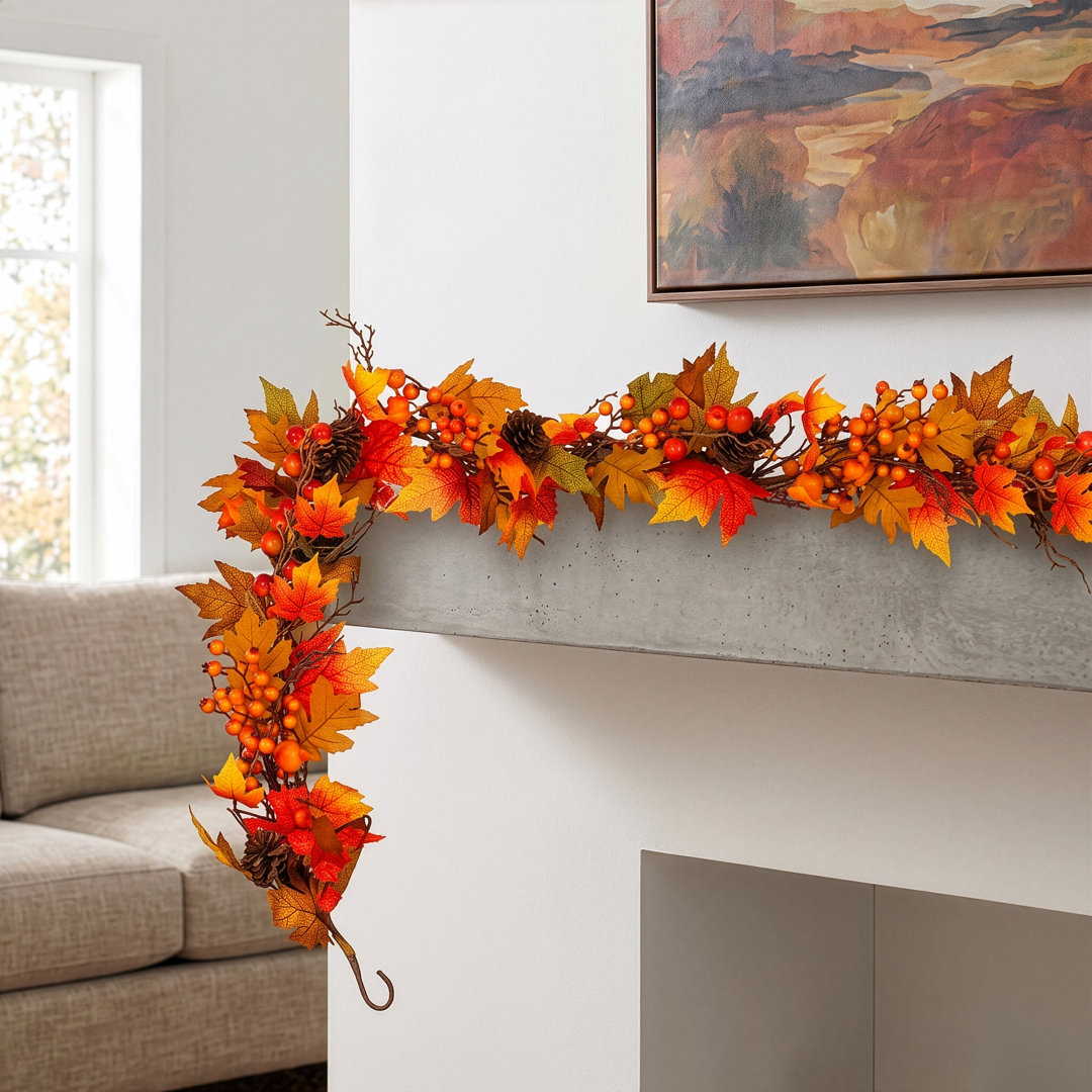 AUTUMN MAPLE - 6ft x 10" Garland with Warm White LED Microbulbs