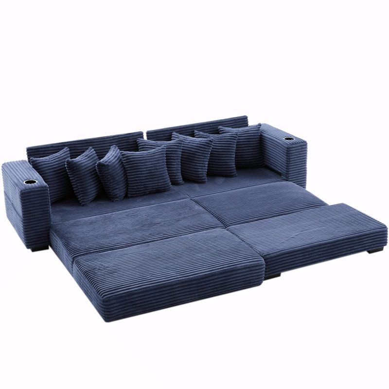Canapé modulaire en L 110,75 po, canapé modulaire en velours côtelé, avec porte-gobelet mobile, porte-gobelets, 8 coussins décoratifs, poche latérale, déplier en lit, bleu
