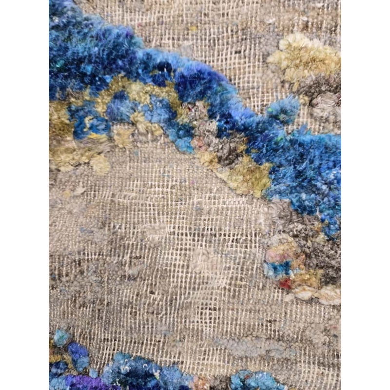 Odyssey Modern Clouds Ocean Coastal Distressed Beige Turquoise Aqua White Wool and Natural Silk Hand-Knotted Area Rug