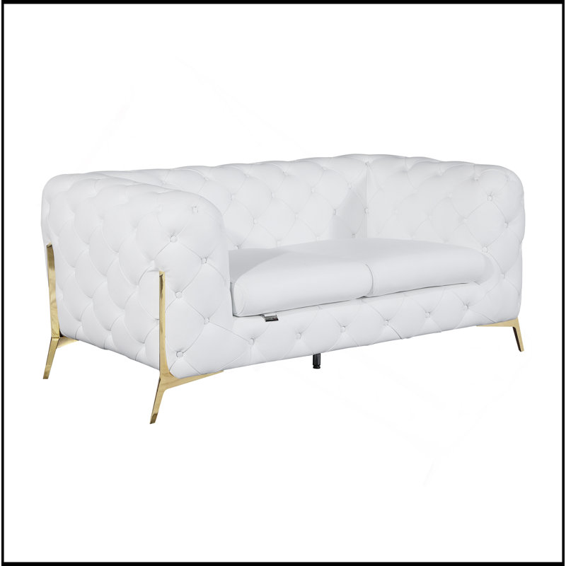 Causeuse rembourrée 100% cuir italien Global United, Blanc, Doré