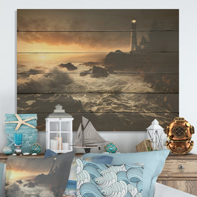 Coastal Light House Panorama - Coastal Light House Wood Wall Art On Natural Pine Wood