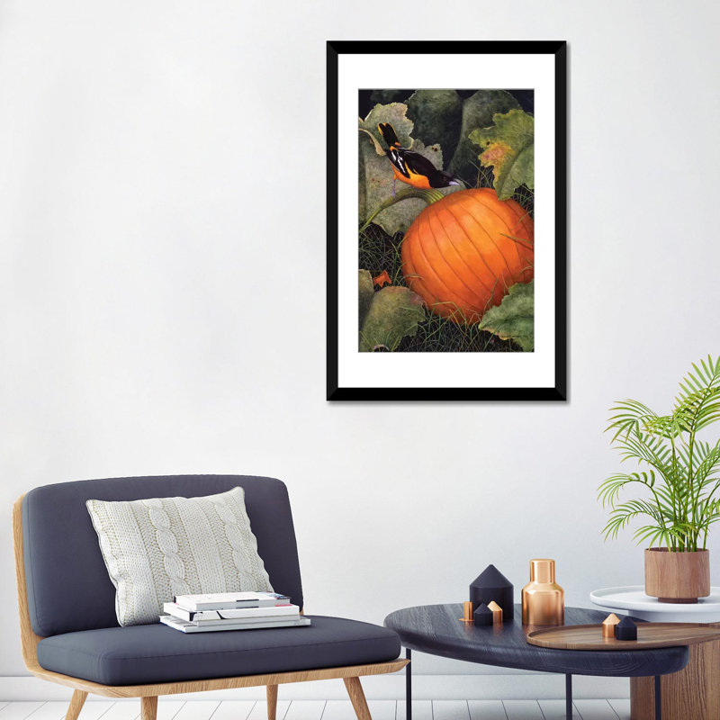 «Oriole & Pumpkin», impression sur toile, H 26 po x l 18 po x P 1,5 po, Toile avec cadre noir, Blanc
