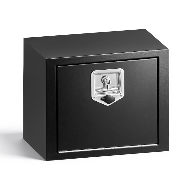 Boîte à outils pour dessous de camion, boîte de rangement pour remorque en acier robuste de 18 x 12 x 14 pouces avec serrure et clés, coffre de rangement de remorque imperméable avec poignée en T pour camion, fourgonnette, VUS, noir